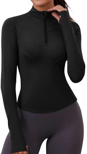 Rapbin Women's Long Sleeve Gym Tops Quarter Zip Sweatshirts Sports Tops with Thumb Holes Hiking Running Cycling Yoga Gym Shirt Black XL