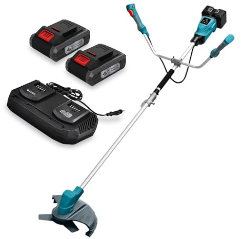 Könner&Söhnen Set KS BCT-40V Akku-Rasentrimmer + Ladegerät C35A-2 + 2 Akkus | Set mit Ladegerät KS C35A-2 und Li-Ion Akku 20V KS 20V4-2 (2 Stück), Messer 3 Zähne, Schnittdicke 2 mm, Akku Trimmer 40 V