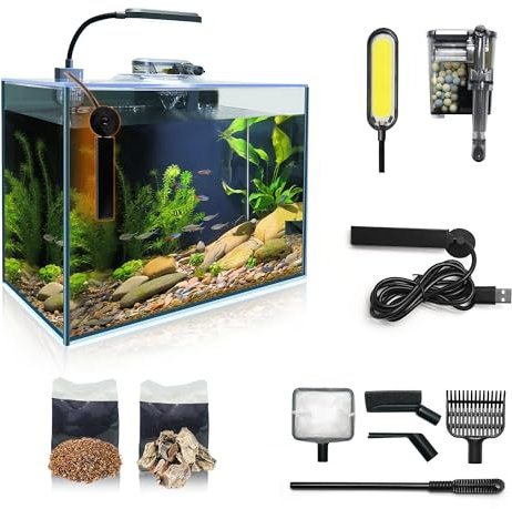 Aquarium-Starter-Set, 1,8 l, inklusive Kleiner Glasbecken Fischtank, Filter, selbstreinigendem Filter, Licht, Steinen, Kies, Pflanzen, Reinigungswerkzeug-Set. Anfängergeschenk für Betta, Guppy