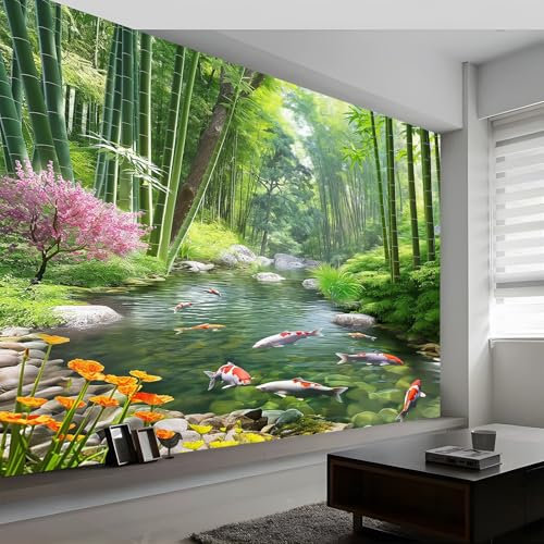 Papier Peint Intissé Paysage Naturel Forêt de Bambous 300 x 210 cm (L x H), Décoration Murale Poster Tableaux Muraux Tapisserie Papier peint Photo Vert pour Salon Chambre de Enfants Décor Fond TV