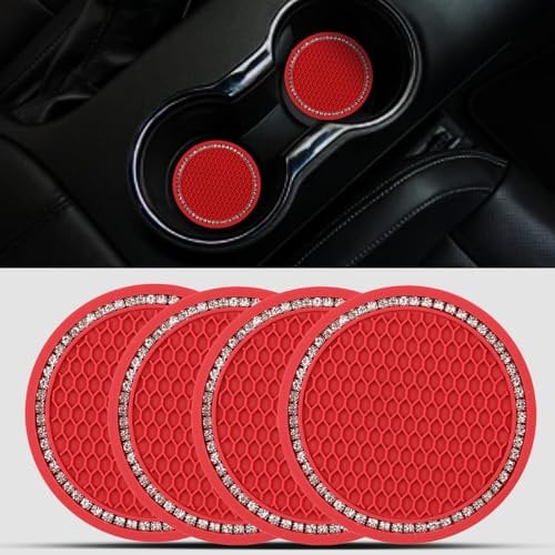 Set of 4 Rhinestone Car Cup Coasters - Bling Anti-Slip 2.75 Cup Holders for Car - Red Interior Accessories
