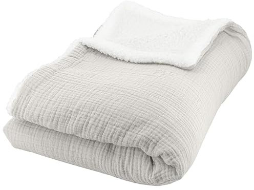 CÔTE DECO Plaid Polaire et Gaze de Coton 130x170, Couverture Chaude et Douce pour lit ou canapé. (Gris)