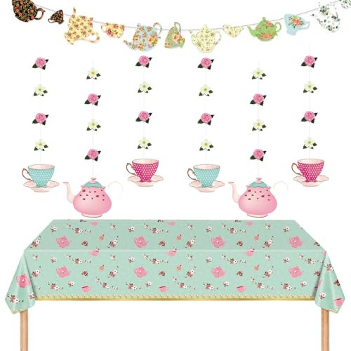Afternoon Tea Decorations, 8 PCS Floral Tablecloth Disposable, Teapot Teacup Bunting and Hanging Pendants, Garden Party Tableware Decorations, Floral Design for Weddings, Birthdays, Baby Showers