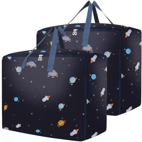 75L Large Storage Bags 2 Pcs Clothes Storage Bags with Zips Heavy Duty Oxford Cloth Moving Bags Waterproof Underbed Storage Bag for Clothes,Blankets,Pillows Bedding (Navy blue)