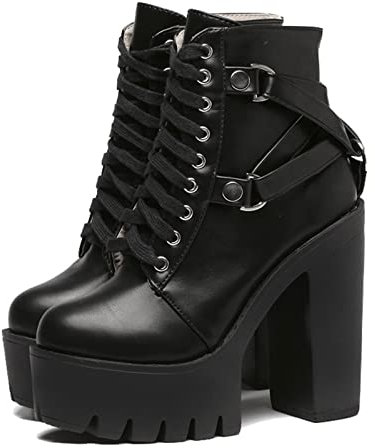 Stivali da Donna Stivali Neri Scarpe da Donna con Lacci Primaverili e Autunnali Scarpe con Plateau in Morbida Pelle Stivaletti da Festa da Donna Tacchi Alti
