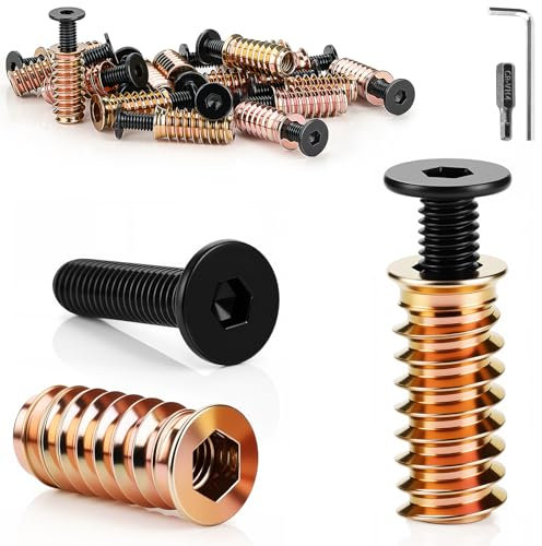 TXXATX 24 Pièces M6 Vis Tete Plate Inclure M6x25 mm Boulon M6x20 mm Filetage Bois Insert Bois avec Clé à Six Pans Bit à Six Pans H4 pour Connexions de Meubles en Bois DIY