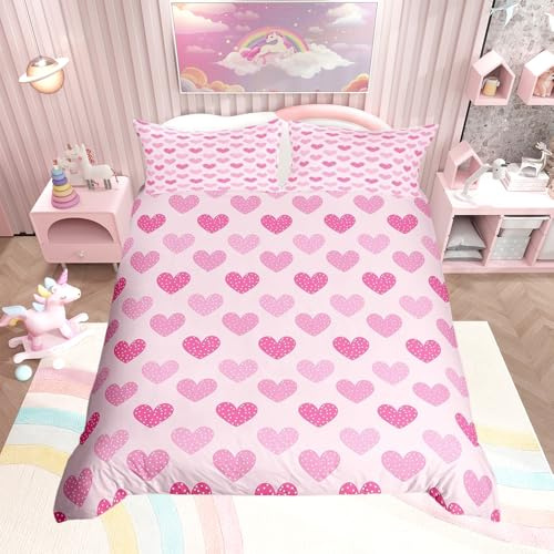 Loussiesd Rosa Herz Bettbezug Doppelgröße Kinder Niedliches Liebesmuster Bett-Set Geschenk für Mädchen Frauen Bettwäsche-Set Atmungsaktiv Prinzessin Deko Tagesdecken-Bezug Raumdekoration