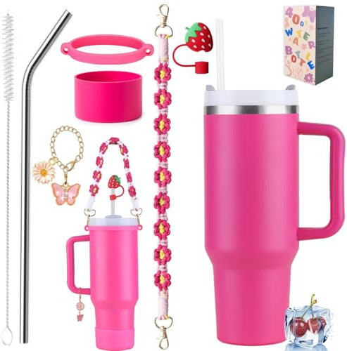 Sanilinwild 40 oz Tumbler Insulated Mug w/Straw & Flip Cap Lids - Cup Holder Bottle with 6 Accessories Set for Hot, Cold Drink - Leak-Proof - Water, Coffee Portable Travel Mug (Barbie)