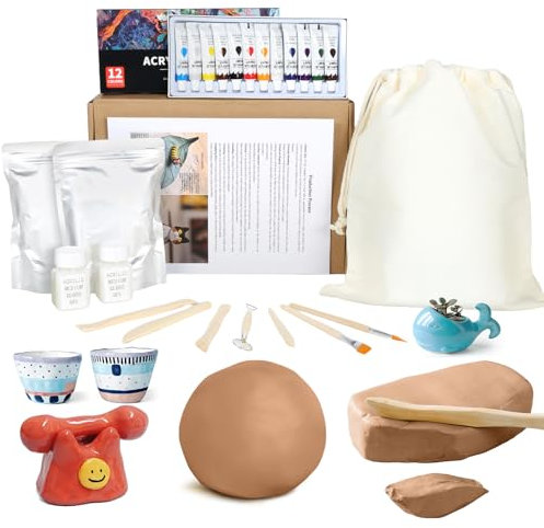 Kit Poterie Adulte, Kit Argile Autodurcissante sans Cuisson pour Débutants, Coffret de Argile Poterie à l’Emploi avec Outils, 12 Peintures, Pinceaux et Vernis pour Atelier Ceramique Maison DIY Créatif
