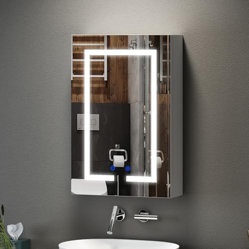 Bathroom Mirror Cabinets with Lights,400x600mm Wall Mounted Bathroom Cabinets with Mirror,LED Mirror Cabinet with Shaver Socket,Anti Fog,3 Colors Light & Adjustable Shelves,Touch Sensor