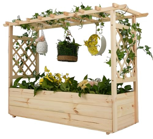 GOPLUS Pflanzkasten mit Rankgitter, Blumenkasten mit hängendem Dach & Ablauflöchern, Hochbeet Gartenbeet Rankgitter Rankhilfe für Garten & Balkon (148 x 50 x 103 cm)
