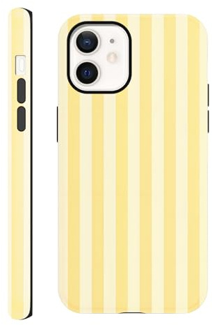 Yirlbey 2 in 1 Été Coque pour iPhone 12 Pro / 12 6,1, Aesthetic Jaune Stripes Striped Motif Dessin Étui Silicone Fine TPU pour Femmes Filles Antichoc Housse Protection Cover, Anti-Rayures Bumper Case