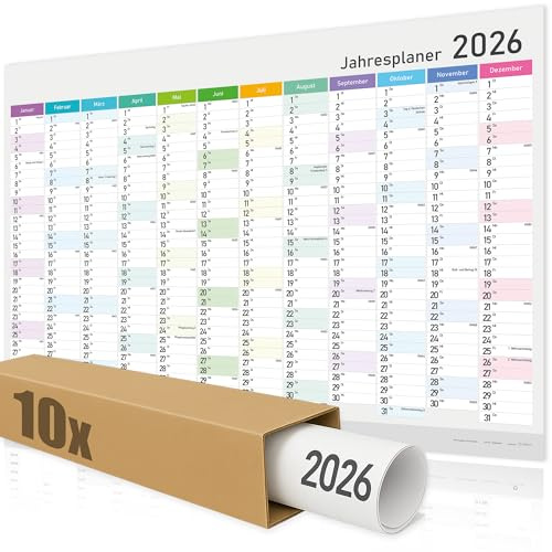 Jahresplaner, Wandkalender 2026 groß (84 x 59 cm) GEROLLT in Poster Größe. Querformat, GEROLLT - Kalender 2026 Wandkalender