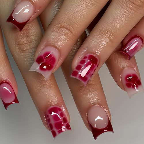 SXVME Red French Tip Press on Nails Short Medium Square, Fake Nails with Cute Flower Design Full Cover White False Nails Medium Coffin, Natural Glue on Nails for Women 24 Pcs