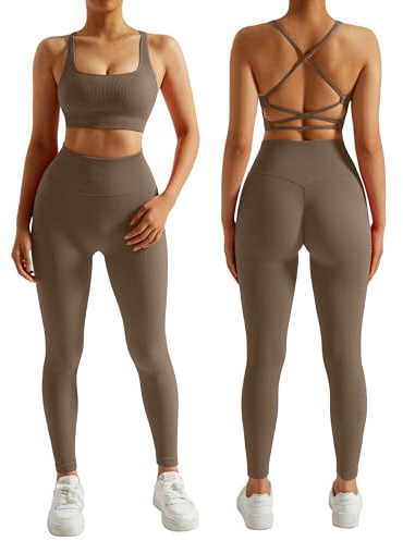 DOULAFASS Gerippte Sport Set Damen Nahtlose Yoga Set Zweiteiler Strappy RüCken Gym Set Undurchsichtiges Fitness Outfit