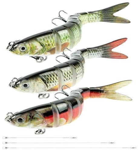 Vicloon Esca Artificiali Multi Segmento, 3 Pezzi Esche da Pesca, Esca Wobbler a Più Snodi, con 3 Ami Ancorati, Esche a Nuoto Lento per Luccio, Spigola