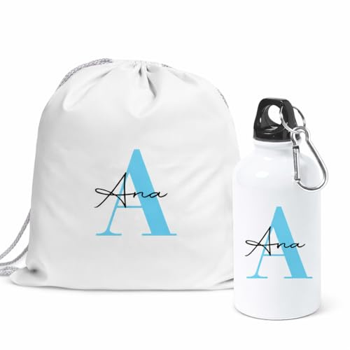 Pack Mochila y Botella Personalizada Inicial y Nombre Cuadro Vichy Botellas