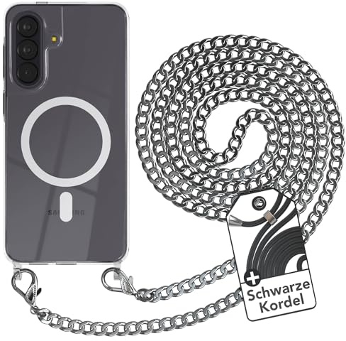 EAZY CASE - Handykette kompatibel mit Galaxy A57 Kette zum Umhängen Stoßfest Handyhülle für Galaxy A57 Silikon Hülle mit Band aus Metall Transparent als Fallschutz in Silber