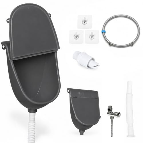 Kunststoff Urinal mit Deckel, Wand-Pissoir Komplettset mit Spülventil, Abflussrohr & Urinalsieb, Wandurinal für Männer, Platzsparend & leicht zu Reinigen, Wohnheim, Camping, Garage, Garten (Grau)