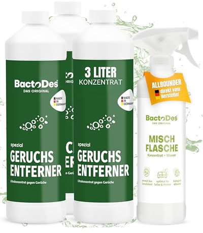 BactoDes - Spezial Geruchsneutralisierer 3L Konzentrat mit Spray-Mischflasche - Universal Enzymreiniger mit Bio Mikroben-Wirkung - Effektiver Geruchsentferner für sämtliche unangenehme Gerüche
