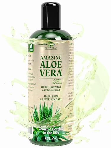 Green Leaf Naturals Aloe Vera Gel, After Sun Care for Face, Skin & Hair, Cold Pressed, Smooth Gel, Made in USA, Fast-Absorbing, Non-Sticky Formula with Vitamin C, 8 oz