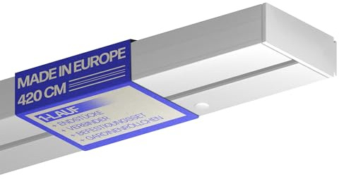 Bestlivings Gardinenschiene 420cm 1-läufig, Weiß, Komplettset montagefertig | Vorhangschiene mit ruhigem Innenlauf, Stecksystem, vorgebohrte Deckenmontage, formstabiler Kunststoff, kürzbar - Made in EU