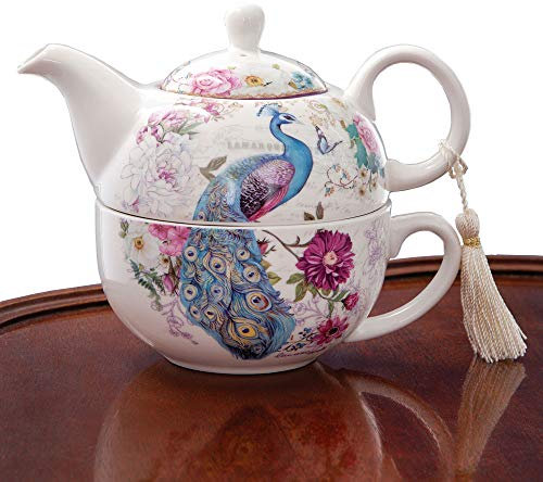 Bits and Pieces - Tea For One Teekanne und Tasse Set mit Pfau Optik - Porzellan mit elegantem Pfau-Design - Wunderschönes Wohnungsdeko - Inklusive verzierter Geschenkbox