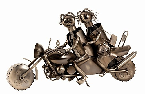 Moderner und riesiger Wein Flaschenhalter Paar auf Motorrad aus Metall in Silber Höhe 38 cm Länge 63 cm