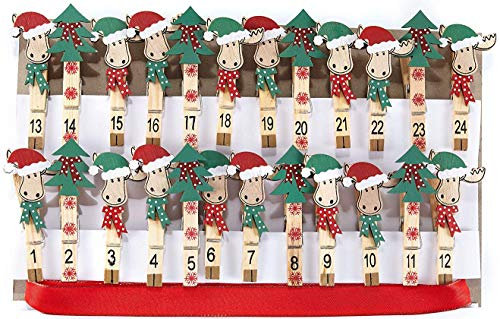 HEITMANN DECO Adventskalender, Natur/rot/Gruen, Holz-Klammern