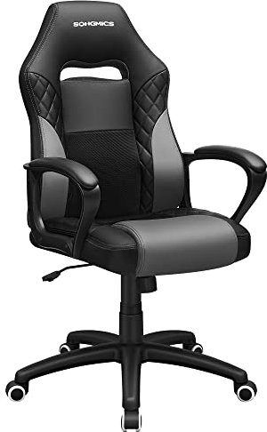 SONGMICS Gamingstuhl, Bürostuhl mit Wippfunktion, Racing Chair, ergonomisch, S-förmige Rückenlehne, gut für die Lendenwirbelsäule, bis 150 kg belastbar, Kunstleder, schwarz-grau OBG38BG