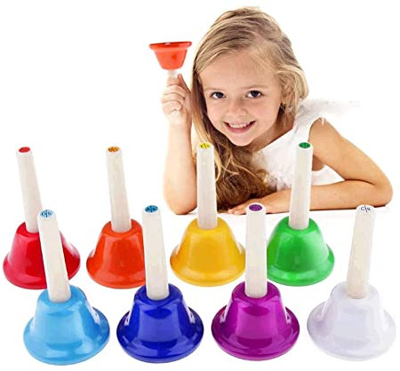 Alnicov Campanelli musicali,campanelli ad anello per bambini con banda ritmica, 8 campanelli musicali a colori per bambini, anziani, campanello per insegnanti (un set di 8 note)