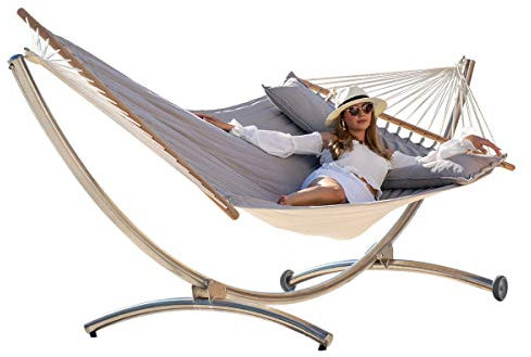 Hängemattenset Lola Royal Deluxe Edelstahl Hängemattengestell mit Luxus Stabhängematte American Silver