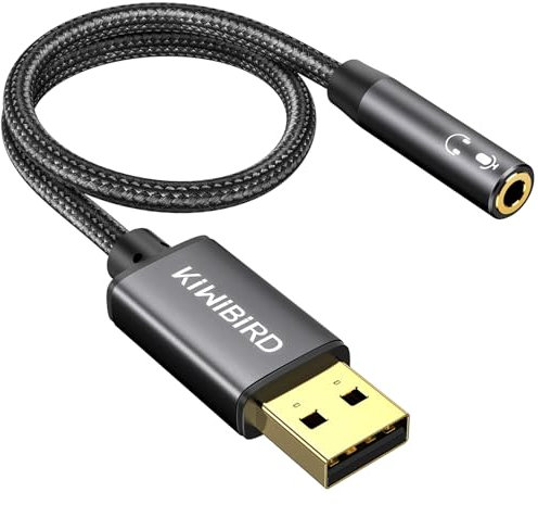 KiWiBiRD Adaptador USB a Jack 3,5mm Audio, Tarjeta de Sonido Estéreo Externa, Adaptador de Auriculares, Altavoces y Micrófonos, 4 Polos TRRS, Compatible con MacBook, PS4, Windows PC, Raspberry Pi