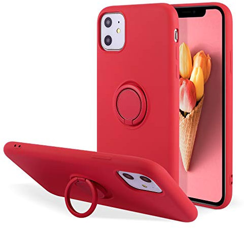 UEEBAI Case for iPhone 11 6.1 inch, Ultra Slim Liquid Silicone Case with 360 Rotatable Ring Holder Kickstand with Magnetic Car Mount Gel Rubber TPU Bumper Shockproof Cover for iPhone 11 - Red