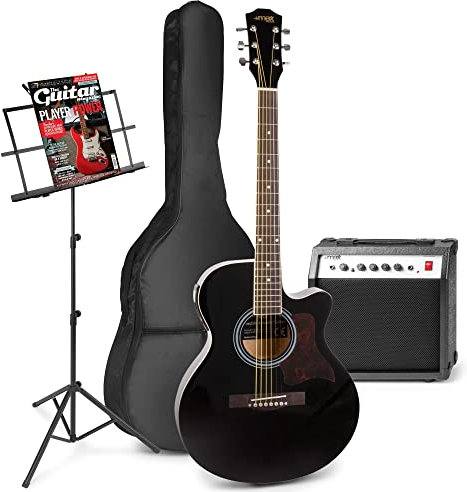MAX Guitarra Electroacústica Negra para Principiantes y Avanzados - Set Completo con Amplificador 40W, Atril, Funda, Afinador, Púas, Correa, Cable y Cuerdas de Repuesto Incluidos