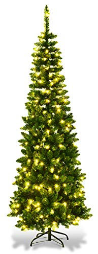SHATCHI 6Ft/1.8m Pre-Lit Artificial Slim Christmas Green Pencil Tree, Pointed Tips, Metal Stand Warm White LEDs Lights Holiday Home Decorations, 180 cm
