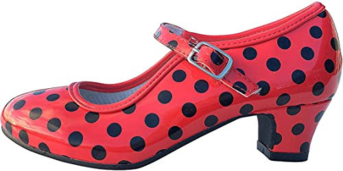 Costumizate! Zapatos de Baile Flamenco con Diferentes Tallas Desde niña a Mujer. Precioso Color Rojo con Lunares Negros Talla 27