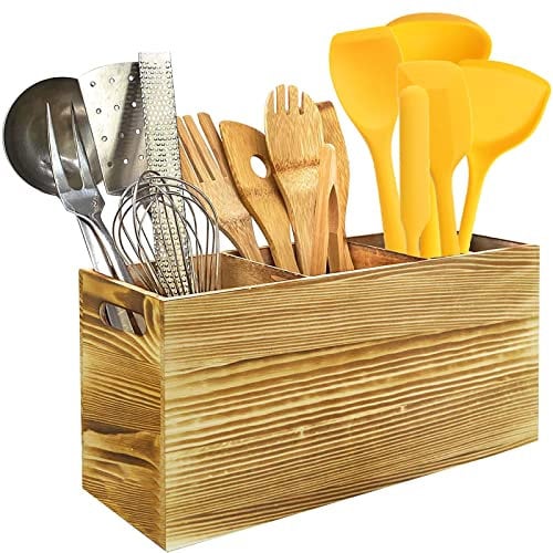 AMRTA Wooden Utensil Holder Bamboo Organiser Kitchen Utensils Cutlery Holder with 3 Compartments, Wood Cutlery Caddy Holders, Cooking Tools Set Storage Pots (Honey with 3 Compartments)