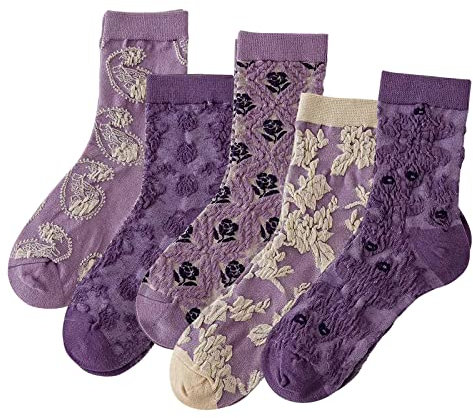 DXYAKY 5 Paar Damen Socken aus Baumwolle, Vintage-Muster, Crew-Socken, Knöchel, gerüscht, warm, lässig, Kleid, 5 Paar – Violett, Einheitsgröße