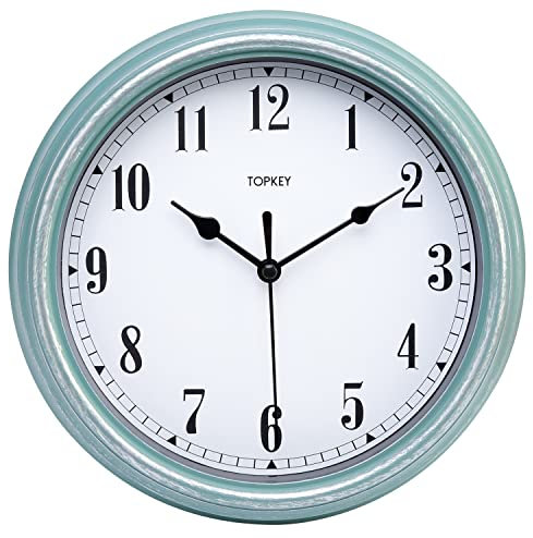 Topkey Reloj de pared silencioso con acabado envejecido, 9 pulgadas, retro, sin tictac, decorativo, para dormitorio, oficina, reloj de pared, color verde