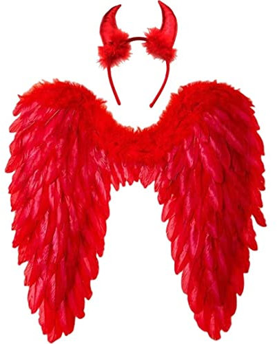 Winwild Engelsflügel mit Teufelshörner,Engel und Teufel Flügel Kostüm Damen,Gefallener Engel Kostüm Rot für Halloween Karneval Cosplay Party Fasching Kostümparty Verkleidung(Rot,60 x 60 cm)