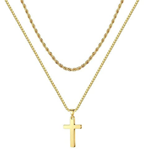 Chereda 316L Stainless Steel Silver Black Gold Layered Rope Chain Cross Pendant Necklace For Men Boys Cuban Chain Jewelry Gift (Gold)