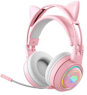 JINSERTA Casque De Jeu sans Fil, Joli Casque Lumineux Bluetooth à Oreilles De Chat avec Lumière LED, Design Pliable et Rétractable, pour Intérieur Extérieur Enfants Adultes