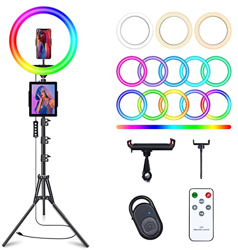 10 Selfie Ring Light with 73 Tripod Stand & 1 Phone Holder, LED Camera Ringlight with 48 RGB Colors Modes & Musical Rhythm Mode and 12 Brightness Dimmable for TikTok/Makeup/Photography/Vlog