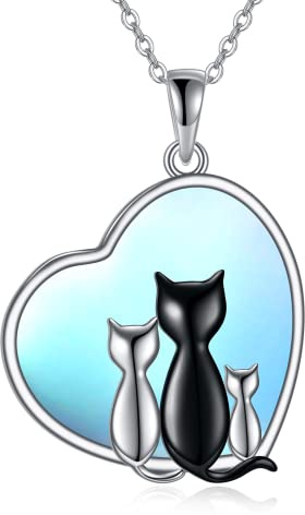 YAFEINI Cat Necklace for Women 925 Sterling Silver Moonstone Black Cat Jewellery Gifts for Cat Lovers