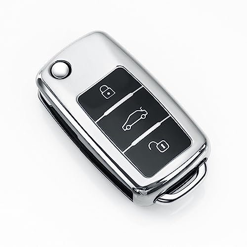 HooRLZ Vw Schlüsselhülle für Vw Caddy Jetta Bora Beetle Golf Polo Passat Scirocco Sharan Touran Tiguan T5 Skoda Seat Ibiza Leon Octavia TPU Silikon Hülle, Golf Autoschlüssel Hülle- 3 Tasten Silber