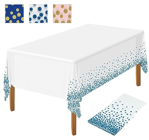 NEBURORA 1 Pack White and Blue Party Tablecloth Plastic Tablecloth 137x274cm Gold Dot Confetti DisposableTable Cover Rectangular Party Table Cover for Picnic, Baby Shower, Halloween, Birthday