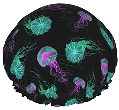 Shower Cap Jellyfish Glow In Dark Shower Caps For Women Reusable Double Waterproof Bathing Shower Hat Hair Protection Shower Hat