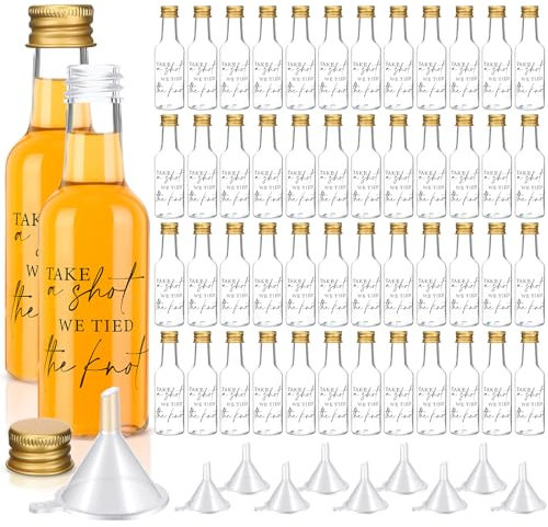 Bokon 50 Pcs Mini Wedding Liquor Bottles Take a Shot We Tied The Knot Shot Glasses for Guests 1.7 Fl Oz/ 50 ml Plastic Reusable Empty Bottle with Cap Funnel Acrylic Mini Glasses for Bridal (Gold)