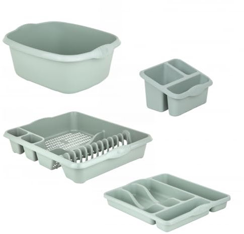 Aurora - Plastic Rectangular Washing Up Bowl, Large Dish Drainer Rack Plate Holder Kitchen Sink, Large Sink Tidy Cutlery Drainer Holder Caddy & Cutlery Tray Organizer Set of 4. (Silver Sage)